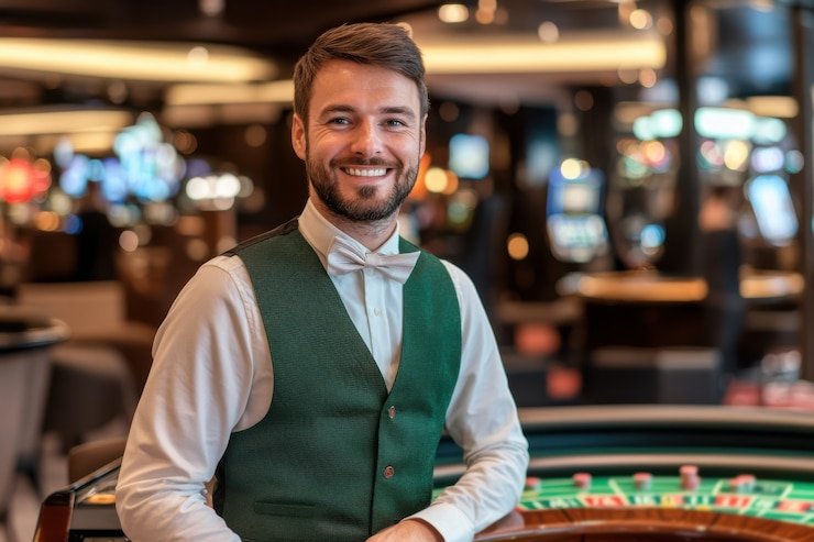Meja Baccarat dealer langsung dengan kartu dan chip
